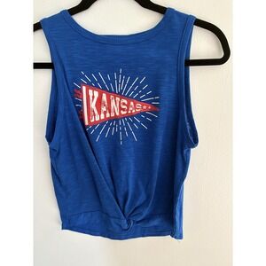 ZOOZATZ Kansas Jayhawks Royal Blue Slub Knit Front Knot Crop Tank Top Womens M